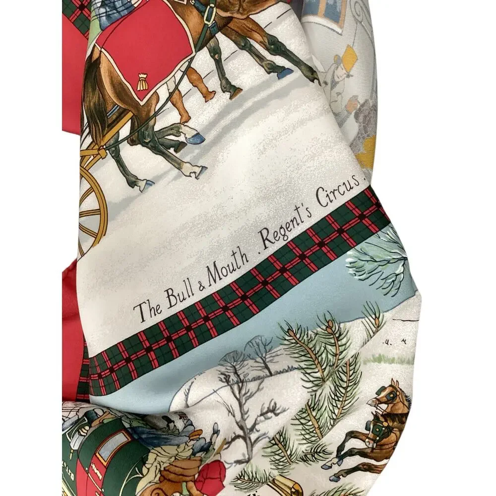 Hermes Scarf Women’s One Size Big Square Coach &Horses &Winer Motif Red &Colors - Picture 3 of 6